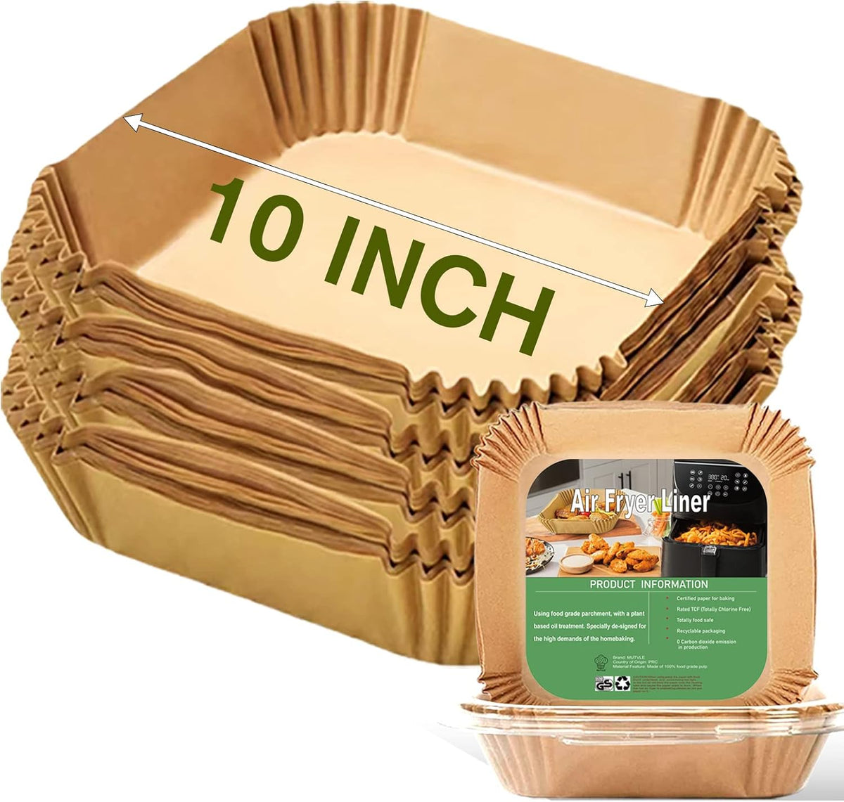 10 Inch Largest Square Air Fryer Disposable Paper Liner, XXL 100Pcs Air Fryer Parchment Liners for 8QT or Bigger Air Fryer, Non-stick, Food Grade Baking Paper for Frying, Roasting and Microwave