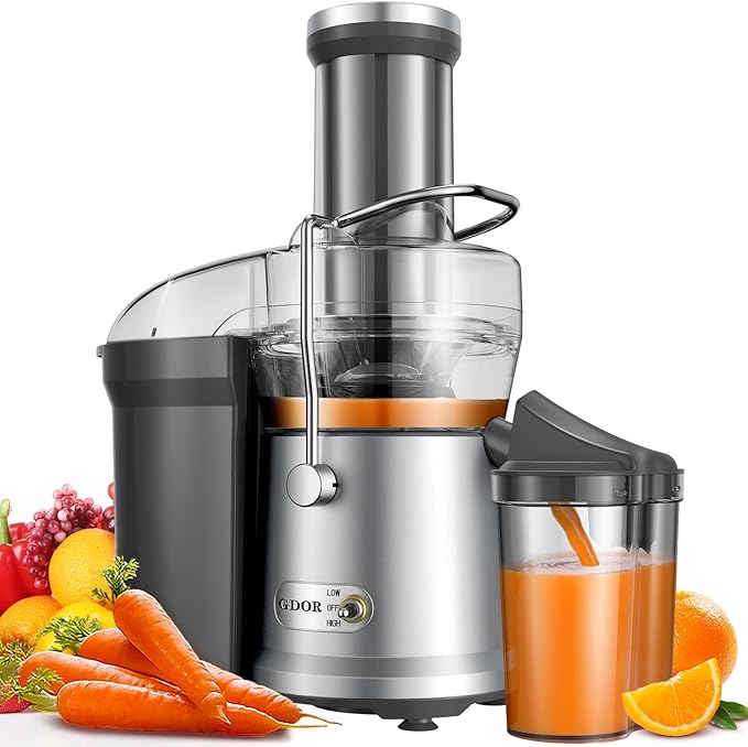 GDOR 1200W Juicer, 3.2" Wide Chute, Titanium-Enhanced Blade, Heavy-Duty Copper Motor, Dual Speed Centrifugal Juice Extractor, BPA-Free, Silver