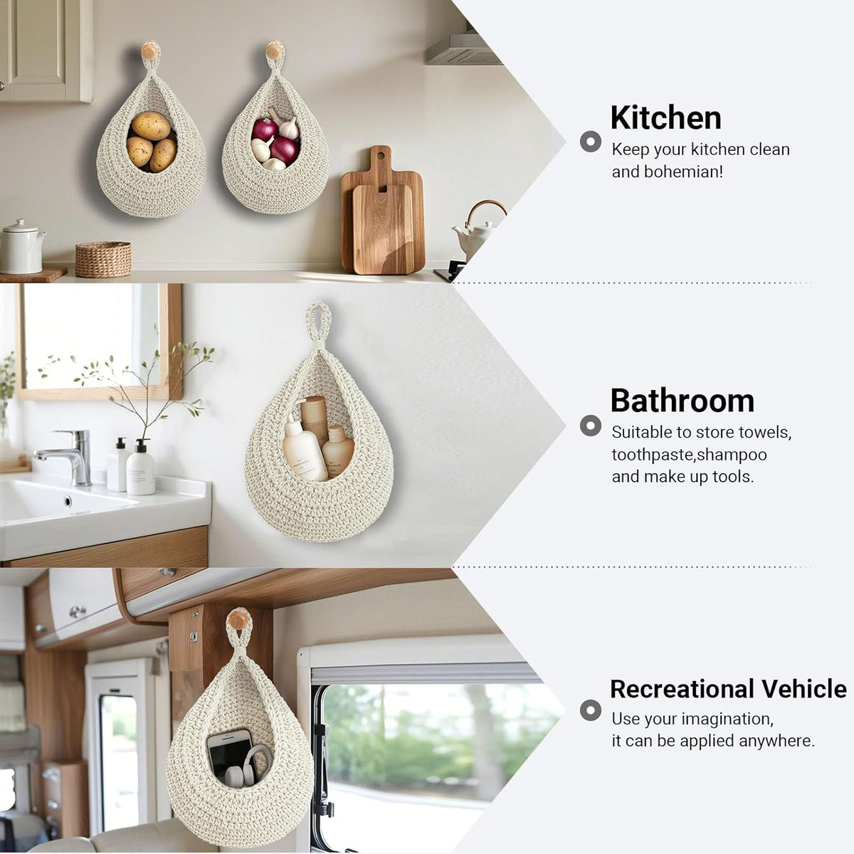 Hanging Fruit Baskets for Kitchen, 3 Pack Boho Cotton Rope Handwoven Vegetable Storage Wall Mounted Large Organizing Basket for Farmhouse Decor, Onion, Potato, Garlic and Plants (White)
