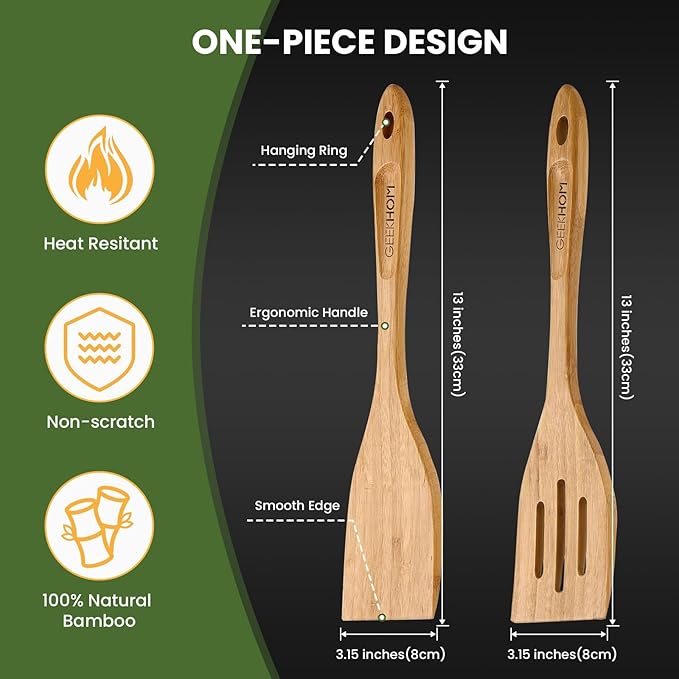GEEKHOM Bamboo Spatulas for Nonstick Cookware, 13 Inch Wooden Kitchen Utensils, 2 Pack Wooden Spatula for Cooking, Slotted Wok Turners, Flipper for Pancake, Fish, Egg