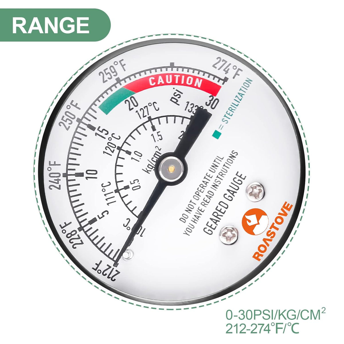Roastove Black case Pressure Cooker Gauge, Pressure Canner Gauge, Steam Pressure Gauge, 2" Dial, Lower Mount, Including Gasket, Nut