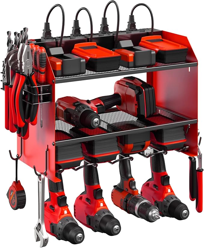 CCCEI Modular Power Tool Organizer Wall Mount with Charging Station. Garage Drill Storage Shelf with Hooks, Heavy Duty Rack, Tool Battery Holder Built in 8 Outlet. Gift for Men. Red, 2 Pack.