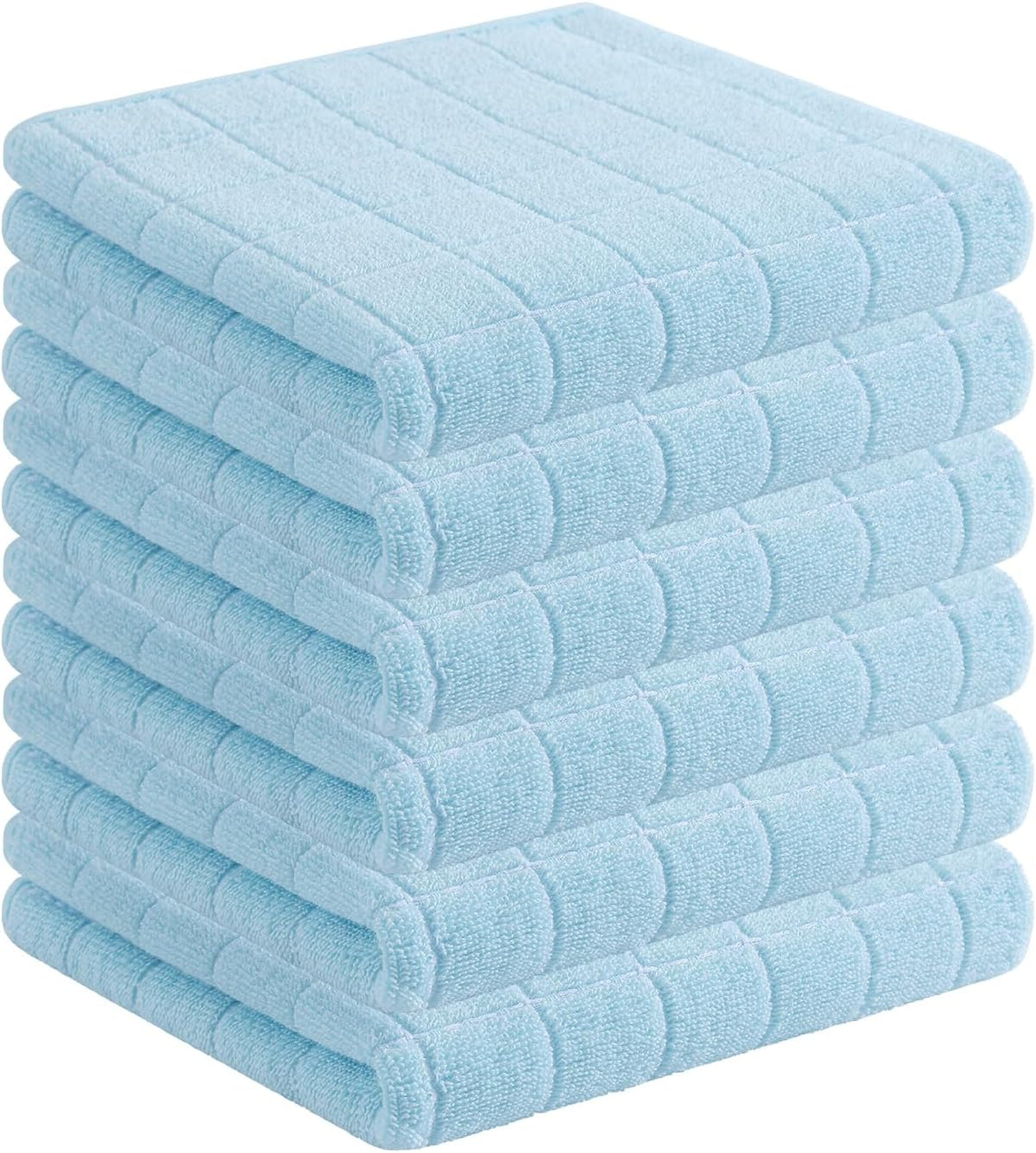 Homaxy 100% Cotton Terry Kitchen Towels(Sky Blue, 13 x 28 inches), Checkered Designed, Soft and Super Absorbent Dish Towels, 6 Pack