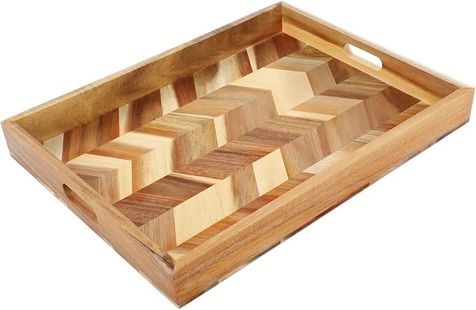 Acacia Wood Serving Tray with Handles，15.7x11.8 in Colorful Wooden Serving Tray Ottoman Tray Decorative Serving Trays Platter for Breakfast in Bed, Great for Lap &Couch