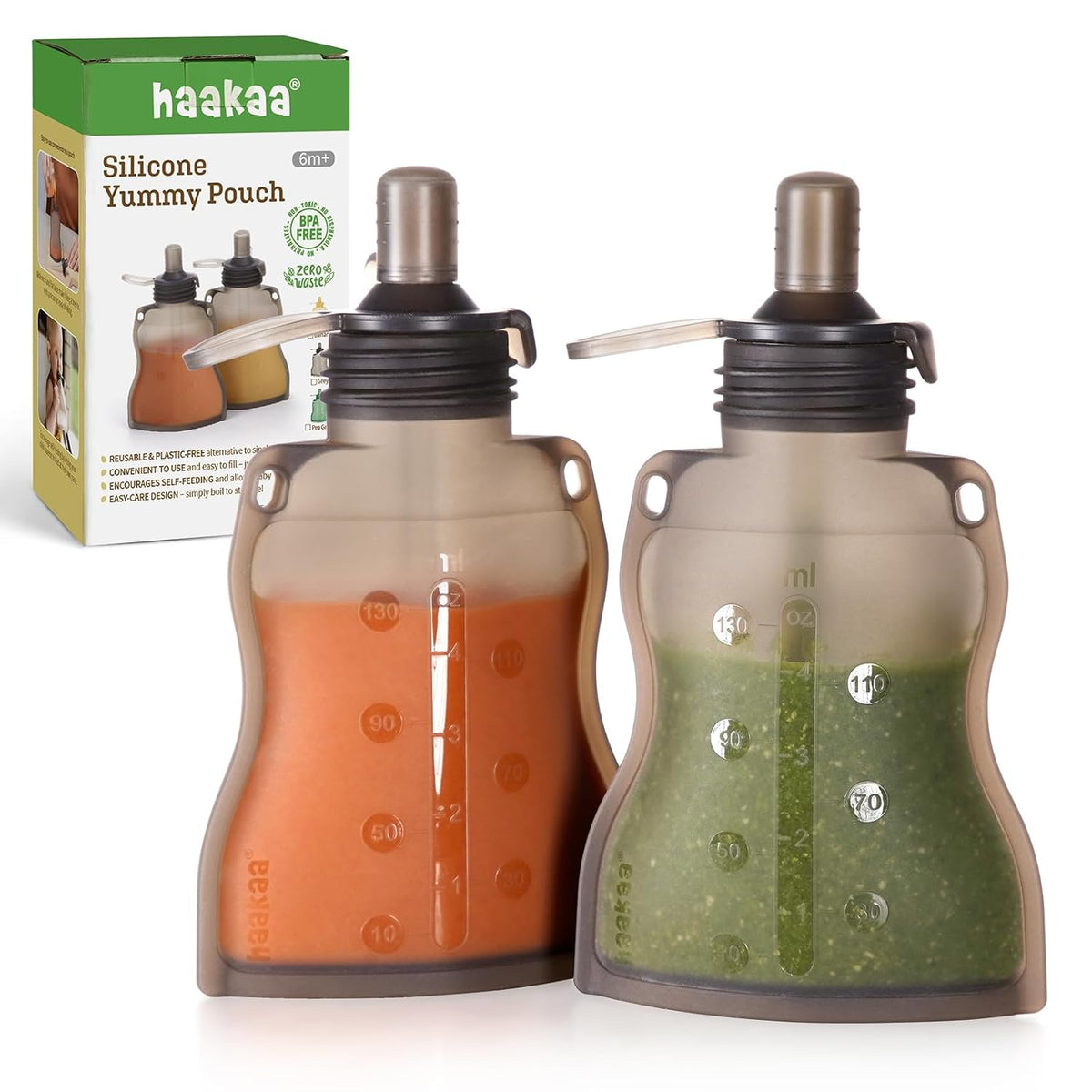 Haakaa Yummy Pouch Reusable Baby Food Pouch, Baby Food Storage Kids Squeezable Pouch, Washable Freezer - Make Homemade Organic Food for Babies/Toddlers, 4oz, 2 Pack,6m+
