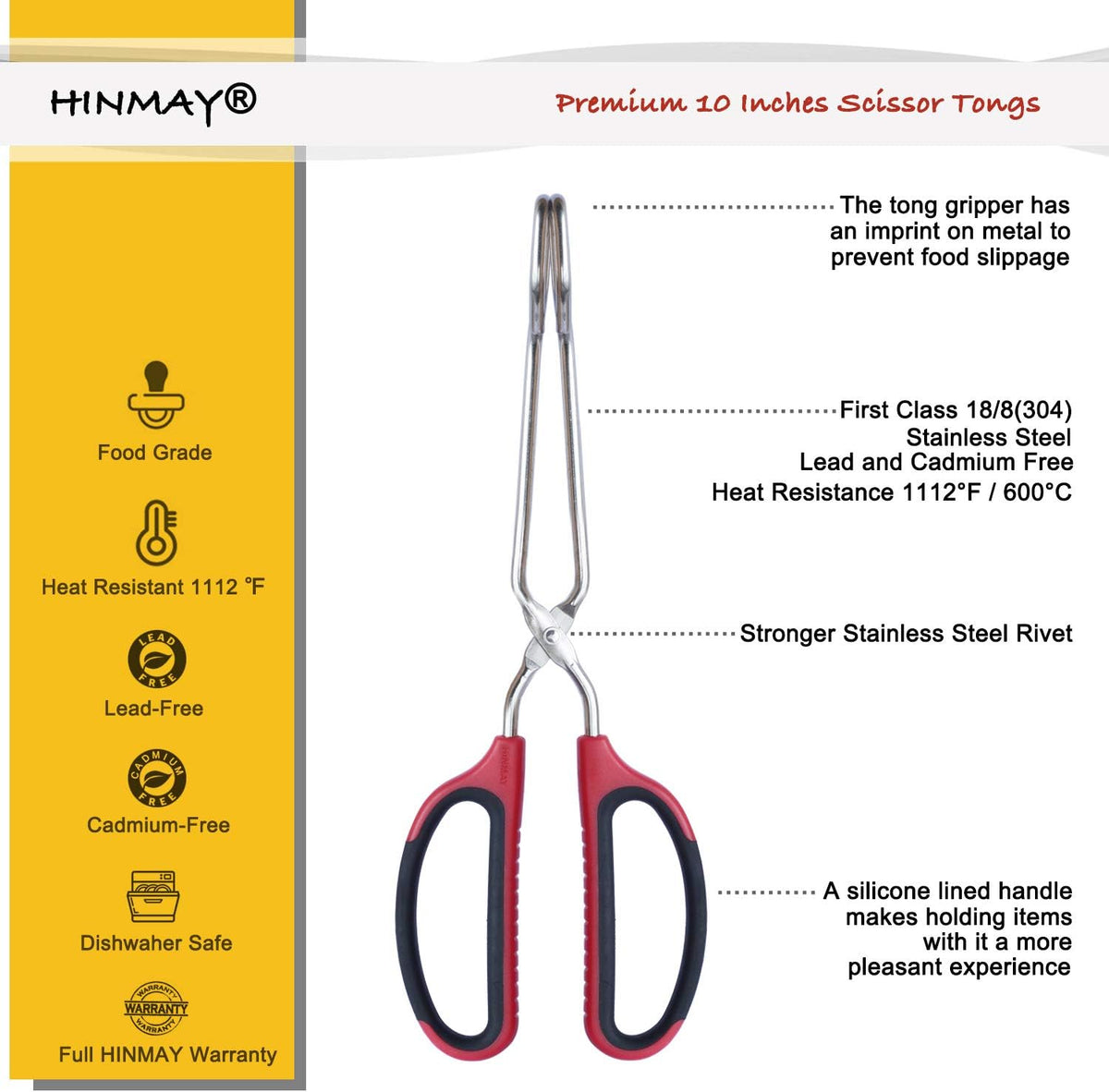 Stainless Steel Scissor Tongs with Comfort-Grip Handle 10-Inch, Set of 2