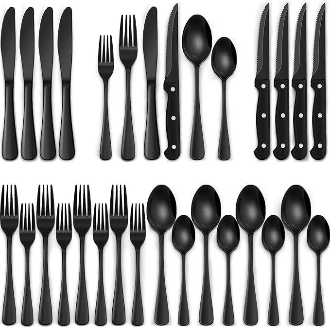 EWFEN 24-Piece Black Silverware Set with Steak Knives, Black Flatware Set for 4, Food-Grade Stainless Steel Tableware Cutlery Set, Mirror Finished Utensil Sets for Home Restaurant, Round Edge
