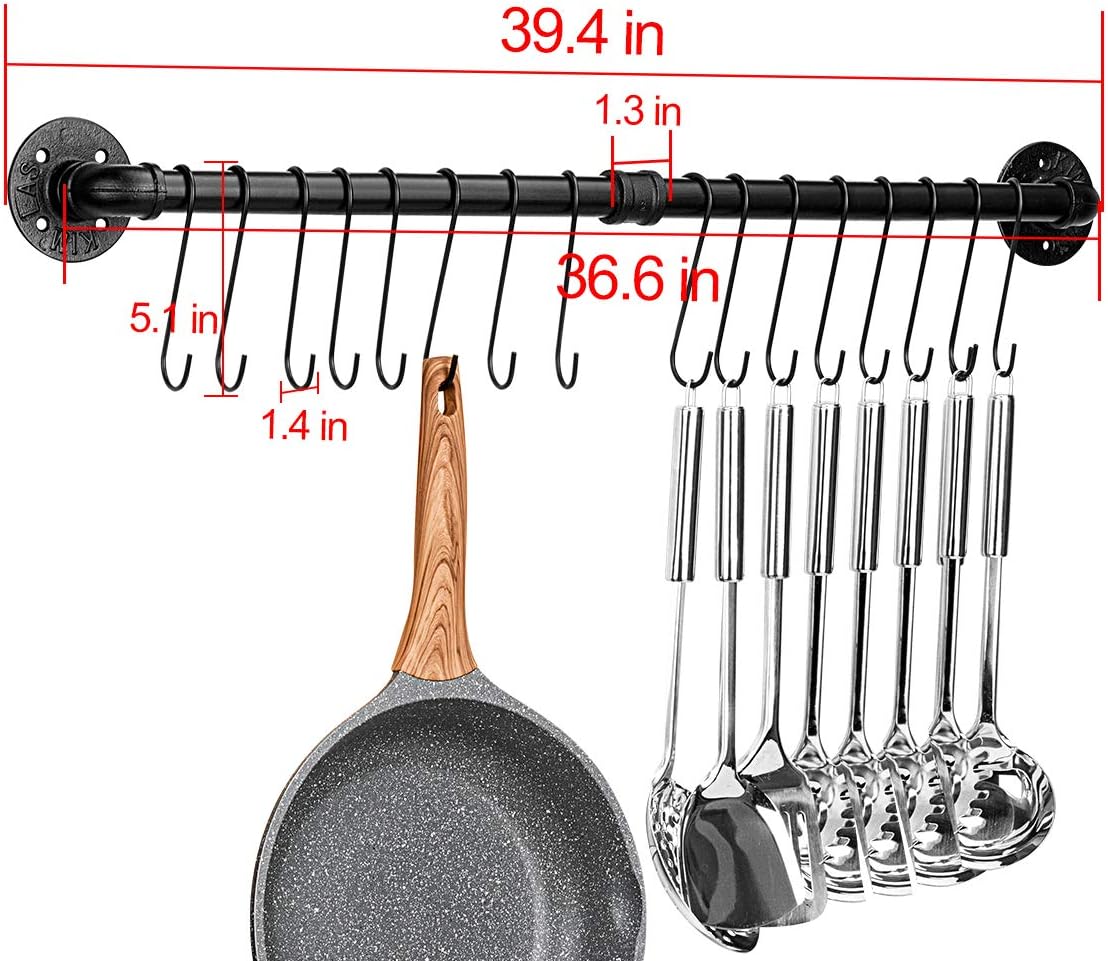 Toplife 39.4 inch Pot Rack, Kitchen Wall Mounted Detachable Pan Lid Utensils Organizer Hanging Rail with 16 Hooks, Black