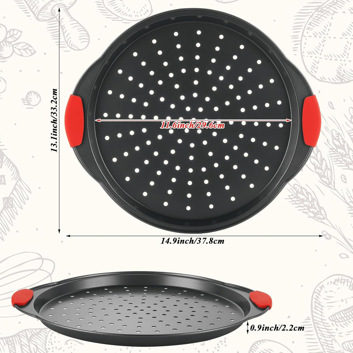 4 Pack Pizza Pan for Oven Round Pizza Pan with Holes & Handle Large Pizza Tray Set Metal Non Stick Pizza Plates Perforated Pizza Baking Sheet Carbon Steel Personal Platter for Grilling Cooking