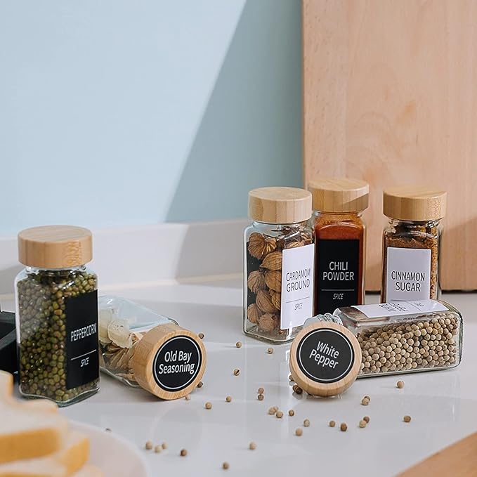 Churboro 48 Spice Jars with Labels- Spice Jars with Bamboo Lids - 4 Oz Glass Spice Containers with Shaker Lids, 547 Spice Labels of 3 Different Types Seasoning Jars for Spice Rack, Cabinet, or Drawer