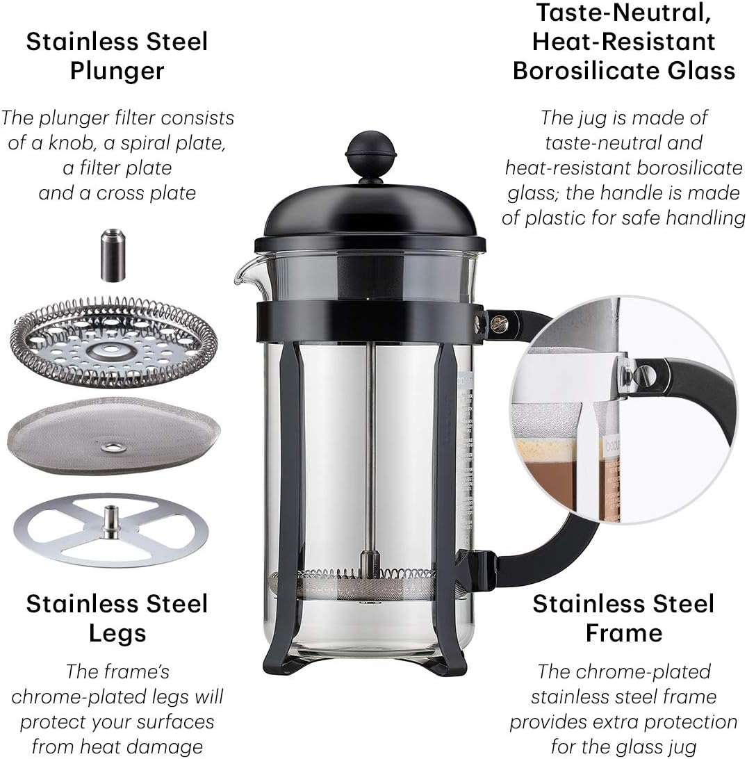 Bodum 34oz Chambord French Press Coffee Maker, High-Heat Borosilicate Glass, Stainless Steel, Black – Made in Portugal