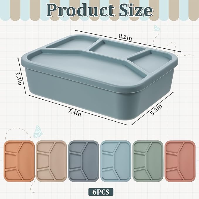 SHENLIU 6 Pcs Silicone Bento Box, 6 Colors Reusable Lunch Container 4 Compartment LeakProof Lunch Container 42 OZ Unbreakable Meal Prep Food Storage for Adult Oven Dishwasher Safe
