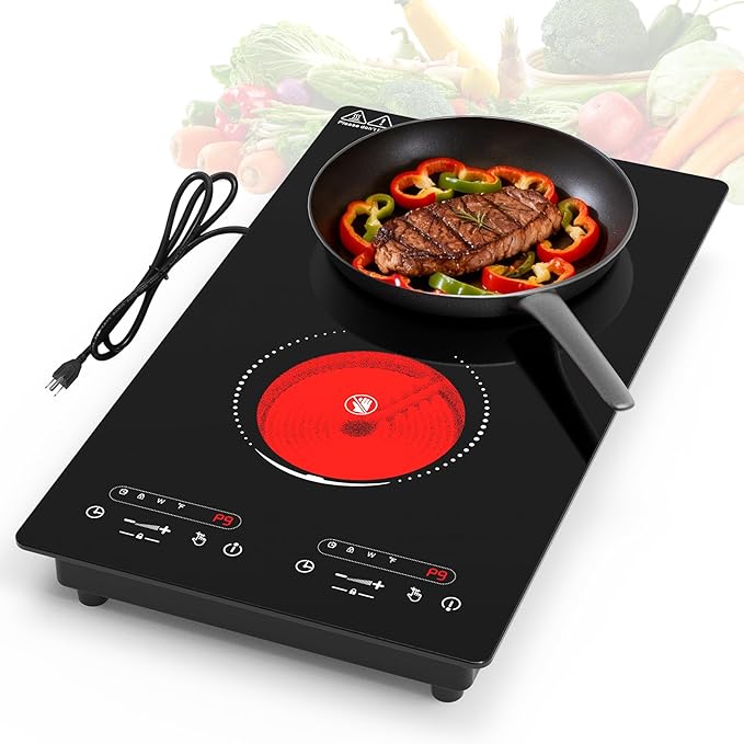 VBGK Electric Cooktop,110V 2100W 2 Burner Electric Cooktop,Countertop and Built-in Stove top with 9 Power Levels,Child Safety Lock, Timer, LED touch control,Overheat Protection