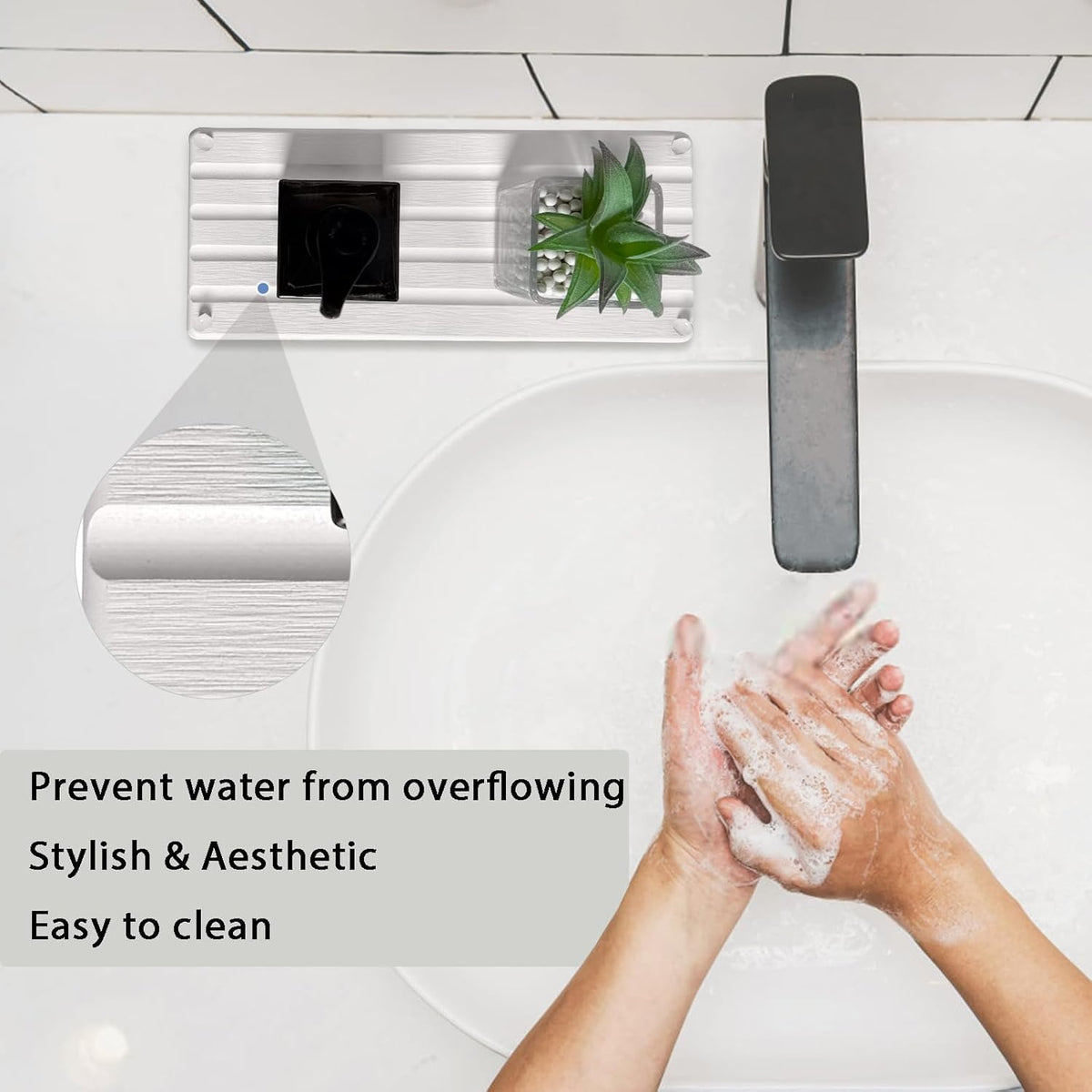 2 PCS Water Absorbing Stone Trays for Bathroom Counter, Fast-Drying Faucet Mat for Kitchen Sink, Diatomite Sink Caddy, Hand Soap Holder with Anti-Skid Feet (11" x 4.7" White)