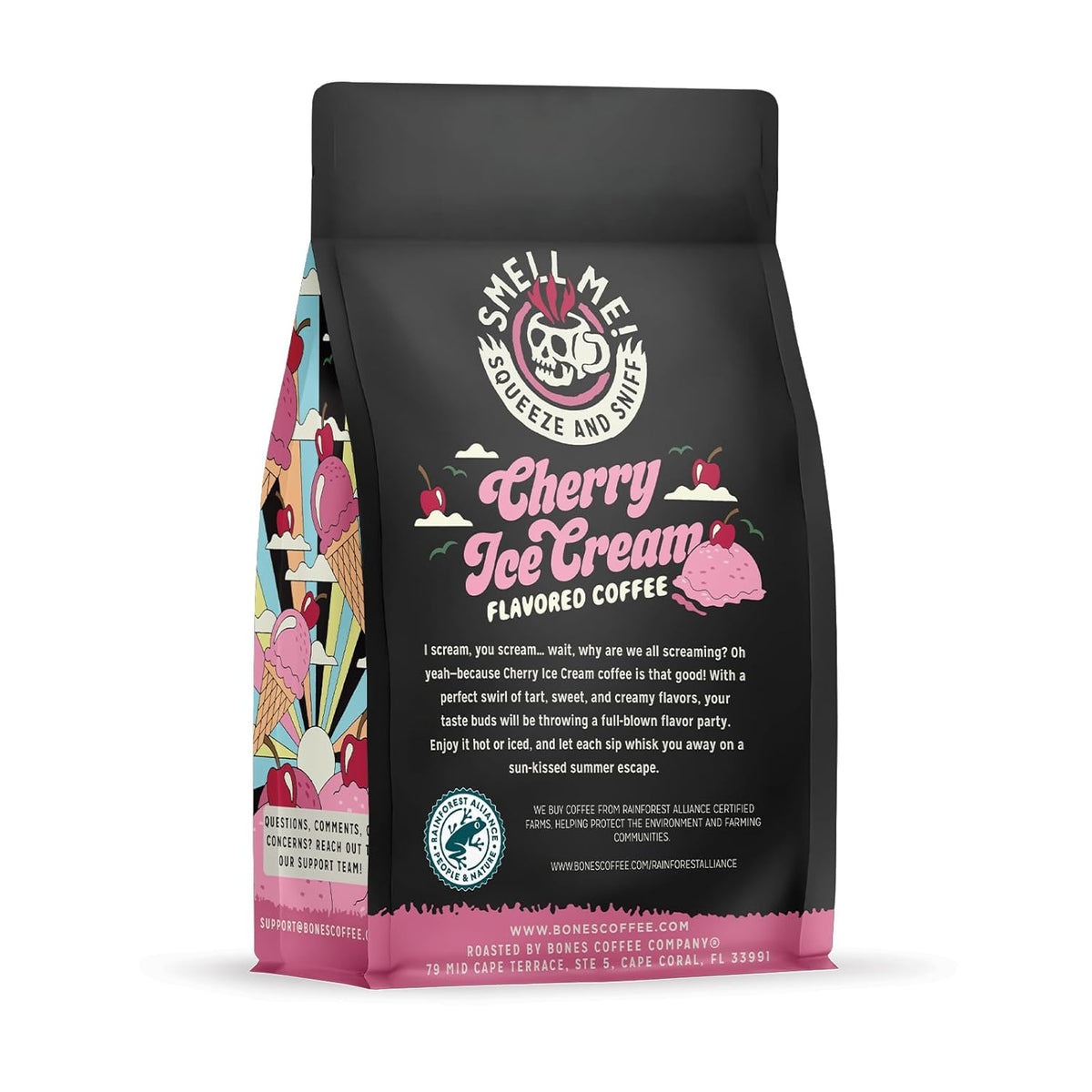 Bones Coffee Company Cherry Ice Cream Flavored Coffee, Medium Roast Low Acid Arabica Beans Compatible with Auto drip and French Press Coffee Maker, 12 Oz Ground