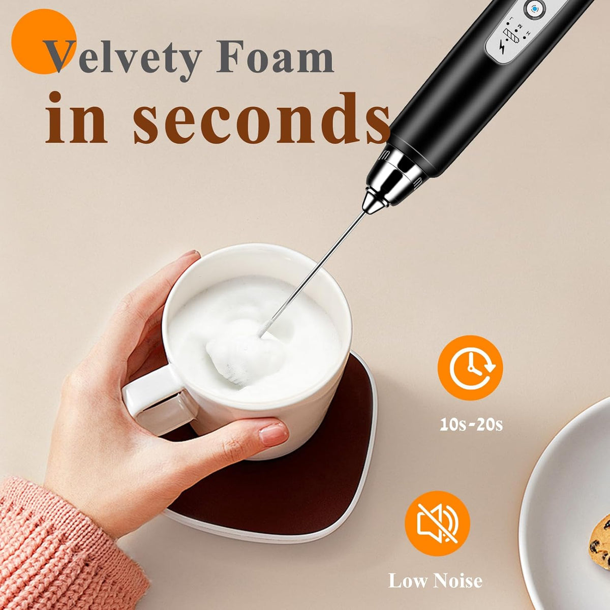 Milk Frother Handheld Rechargeable, Frother Wand Drink Mixer Electric Whisk for Coffee, Detachable With 3 Stainless Whisks, Hand Mixer for Lattes, Cappuccino, Matcha, Egg, No Stand, Black