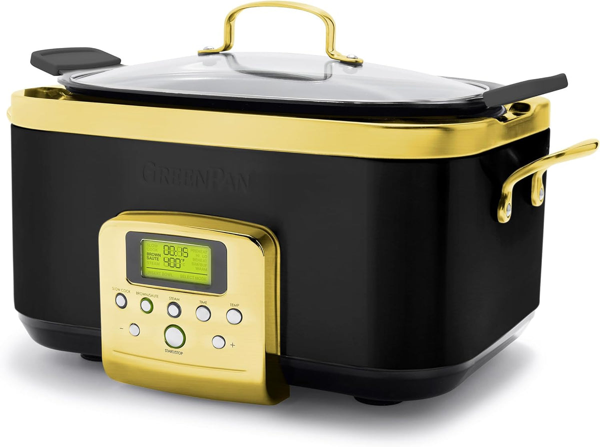 GreenPan Elite 8-in-1 Programmable 6QT Electric Slow Cooker, Dishwasher Safe Lid & Removable Crock, PFAS-Free Healthy Ceramic Nonstick Multi-Cooker, Sear, Sauté, Brown, Steam Basket, Roast, Gold