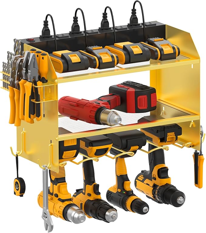 CCCEI Modular Power Tool Organizer Wall Mount with Charging Station. Garage Drill Storage Shelf with Hooks, Heavy Duty Rack, Tool Battery Holder Built in 8 Outlet. Gift for Men. Glod, 1 Pack.