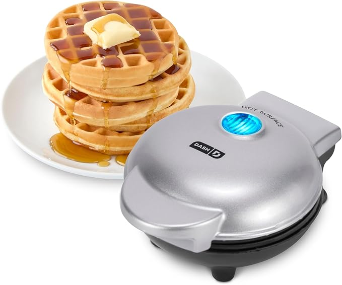 Dash Mini Waffle Maker- Compact Electric Iron for Creative Homemade Treats - PTFE nonstick surface - Easy-to-Clean - Perfect for Kids & Families - Silver
