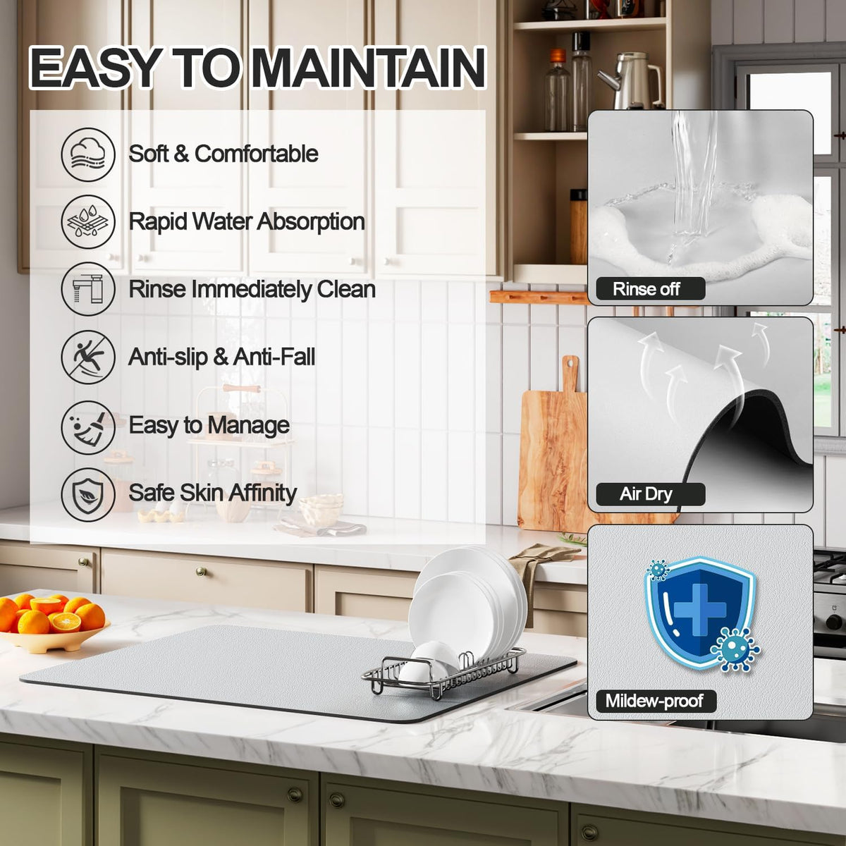 Dish Drying Mat for Kitchen Counter | Coffee Bar Mat for Countertops | Heat Resistant Drainer Mat with Non-slip Rubber Backed | Hide Stain Kitchen Absorbent Draining Mat | Light Grey 16"x20"