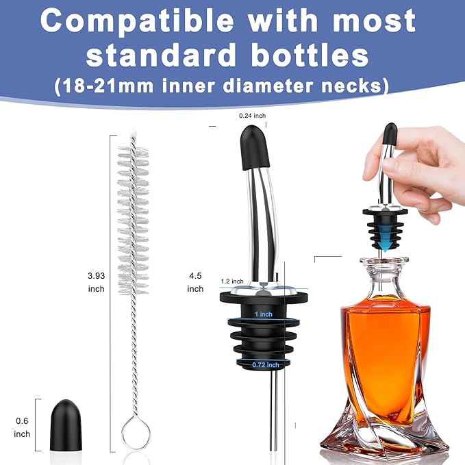 60-Pack Stainless Steel Pour Spouts for Liquor Bottles Oil Vinegar and Wine,Liquor Bottle Pourers with Rubber Dust Caps,Bar accessories,Pourers for Bartending