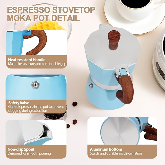 Aluminum 6 Cup 300ml Moka Pot Express Coffee Maker Stovetop Espresso Colorful Coffeemaker Italian Classic Style Brewing Greca Cafe Mocha Machine for Cafeteras Lover Camping Travel and Home Use 10oz