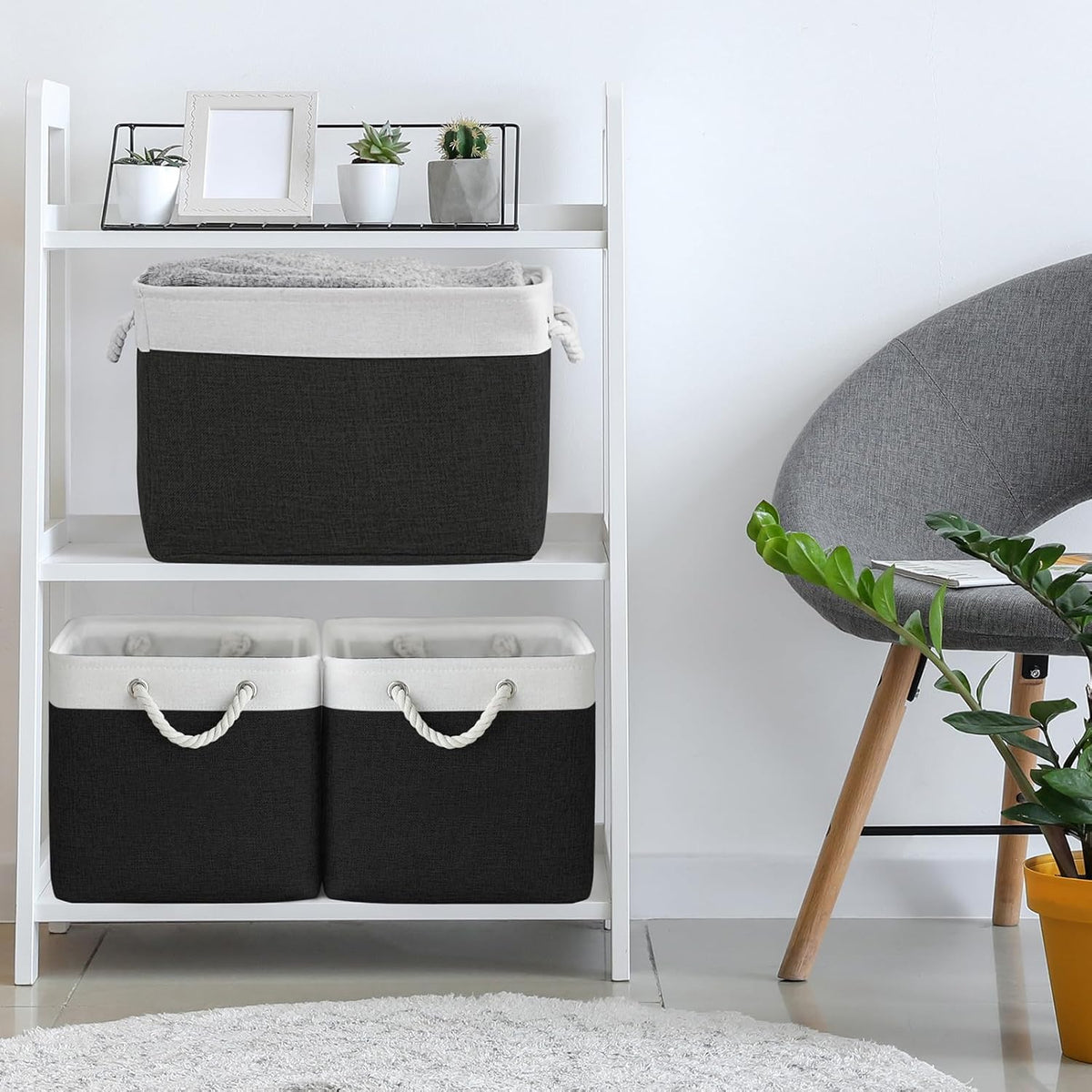 TheWarmHome Storage Basket for Gifts Empty - Large Cubes 3 Pack 15.8x11.8x11.8 inch Storage Bins for Organizing Book Cloth Bathroom Toy (White & Black)