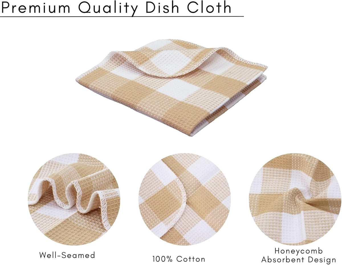 Waffle Weave Plaid Dish Cloths, 100% Cotton - 12 x 12 Inches, Ultra Soft Absorbent Quick Drying Dish Towels Buffalo Check Dish Rags for Kitchen, 6 Pack - Spring Summer - Beige and White