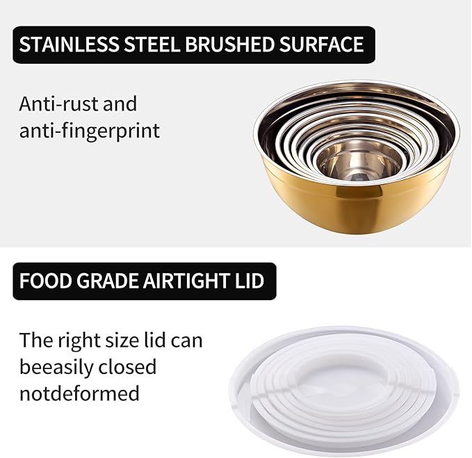 Gold Mixing Bowls with Lids Set of 7, Stainless Steel Nesting Bowl with Khaki Lid for Non-slip Mixing Prepping Storing Serving, 7 Sizes-7/3.6/2.7/2.1/1.5/1/0.8 QT