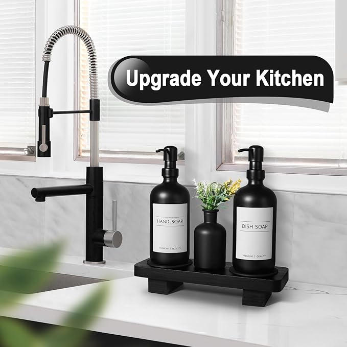 Dish Soap Dispenser for Kitchen, Black Hand Soap Dispenser with Stainless Steel Pump, Kitchen Soap Dispenser Set with Wood Riser Tray, Matte Black Bathroom Soap Dispenser Set Bathroom Decor