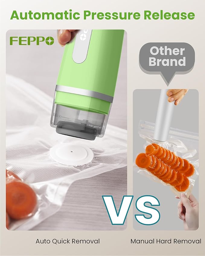 FEPPO Vacuum Sealer for Food with Visible Water Tank, Handheld Saver Compact Vacuum Sealer Machine with 30 Reusable Bags for 6X Preservation & Fresh, Light Green