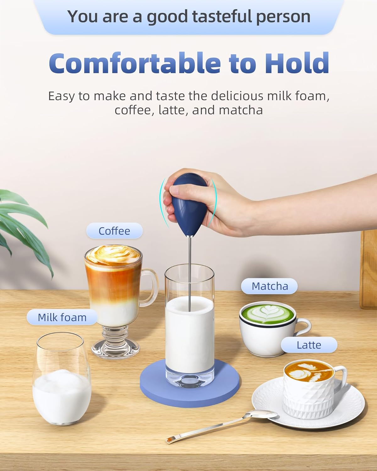 Milk Frother Handheld with Case,USB C Rechargeable Frother Wand for Coffee, Portable Electric Whisk with Stand,Waterproof Hand Drink Mixer Travel for Lattes, Cappuccino, Matcha, Egg (Navy blue)