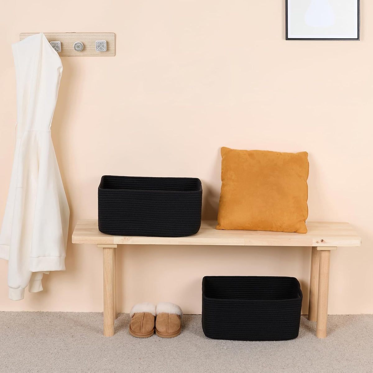 Large Storage Baskets for Shelves, Closet Organizers Bins for Clothes Blanket Towels, Baby Nursery, Toy Baskets Box, Woven Rope Baskets, 17 x 13 x 7.5”, 3 Packs Black