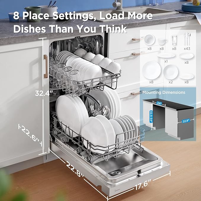 Midea MDF18A1AWW Built-in Dishwasher with 8 Place Settings, 6 Washing Programs, Stainless Steel Tub, Heated Dry, Energy Star, White