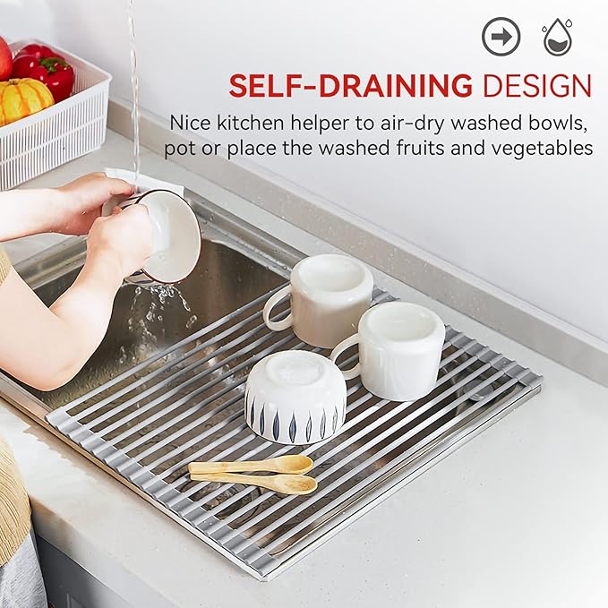 MERRYBOX Roll Up Dish Drying Rack, Silicone Wrapped Over The Sink Dish Rack Foldable Dish Drainer Anti-Slip Dish Racks for Kitchen Counter, Multipurpose Kitchen Sink Drying Rack, 18" x 13", Light Gray