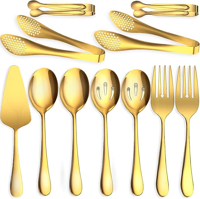 11 PCS Serving Utensils, Large Stainless Steel Spoons Forks Tongs, Pie Server, Great for Hostess Buffet Catering Banquet Party, Gold