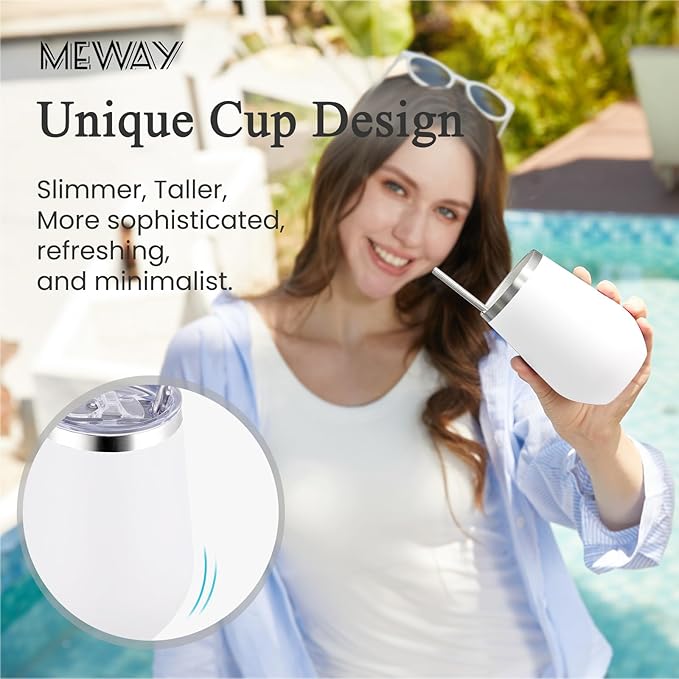 MEWAY 12oz Insulated Wine Tumbler - Double Wall Stainless Steel Stemless Glasses with Lids, Wine cups, Gift for Family and Gifts, Prizes for adults(White,1)