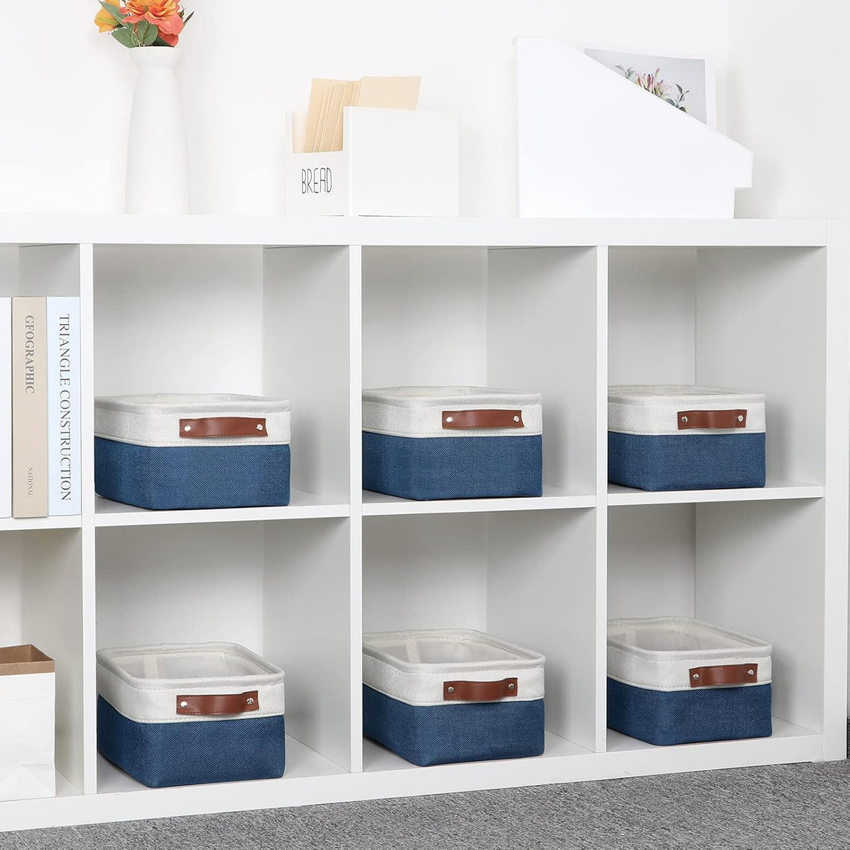 DULLEMELO Set of 6 Small Baskets for Organizing, Small Fabric Storage Bins for Toys Storage, Collapsible Storage Bins with Leather Handles for Shelves, Closets, Laundry, Nursery(White&Blue)