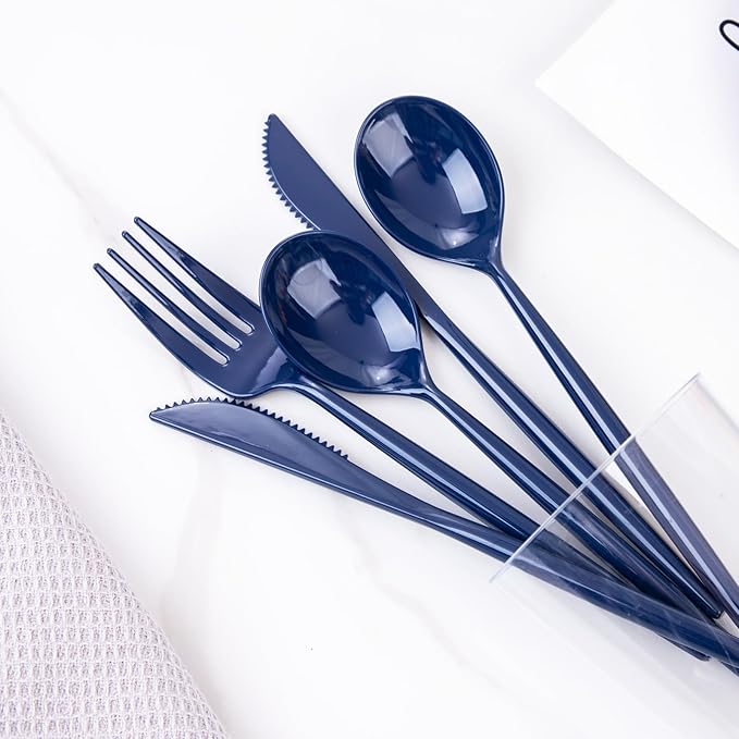 Supernal 180pcs Blue Plastic Silverware Heavy Duty Blue Party Disposable Cutlery Plastic Forks and Spoons Disposable Utensils Include 60 Forks,60 Knvies,60 Spoons for Wedding,Party or Daily Using