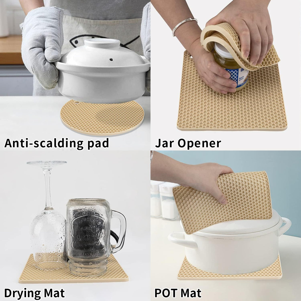 4 Pack Silicone Trivets for Hot Pots and Pans, Pot Holders Hot Pads, Non-Slip & Heat Resistant Silicone Mats for Kitchen Counter, Soft Durable Drying Mat, Jar Opener and Coasters (Beige)