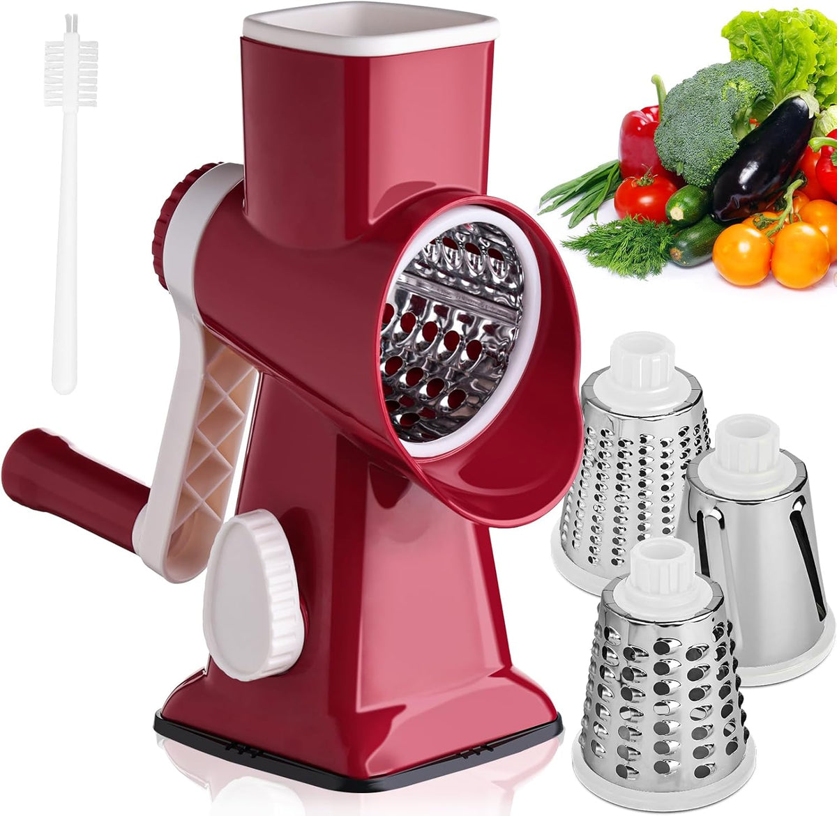 HANSGO Rotary Cheese Grater, Hand Crank Cheese Shredder, Vegetable Slicer for Kitchen, 3 Interchangeable Blades for Potatoes Carrots Onion Zucchini Nuts Chocolate Fruits, Red