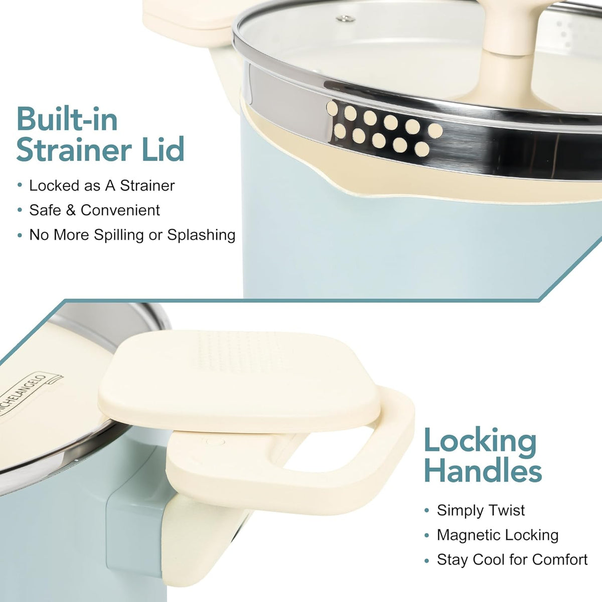 MICHELANGELO Pasta Pot with Strainer Lid - 6 Quart Cooking Pot with Lid, Non Stick Spaghetti Pot Ceramic Coated with Twist and Lock Handles for Easy Draining, Induction Compatible, Soft Aqua