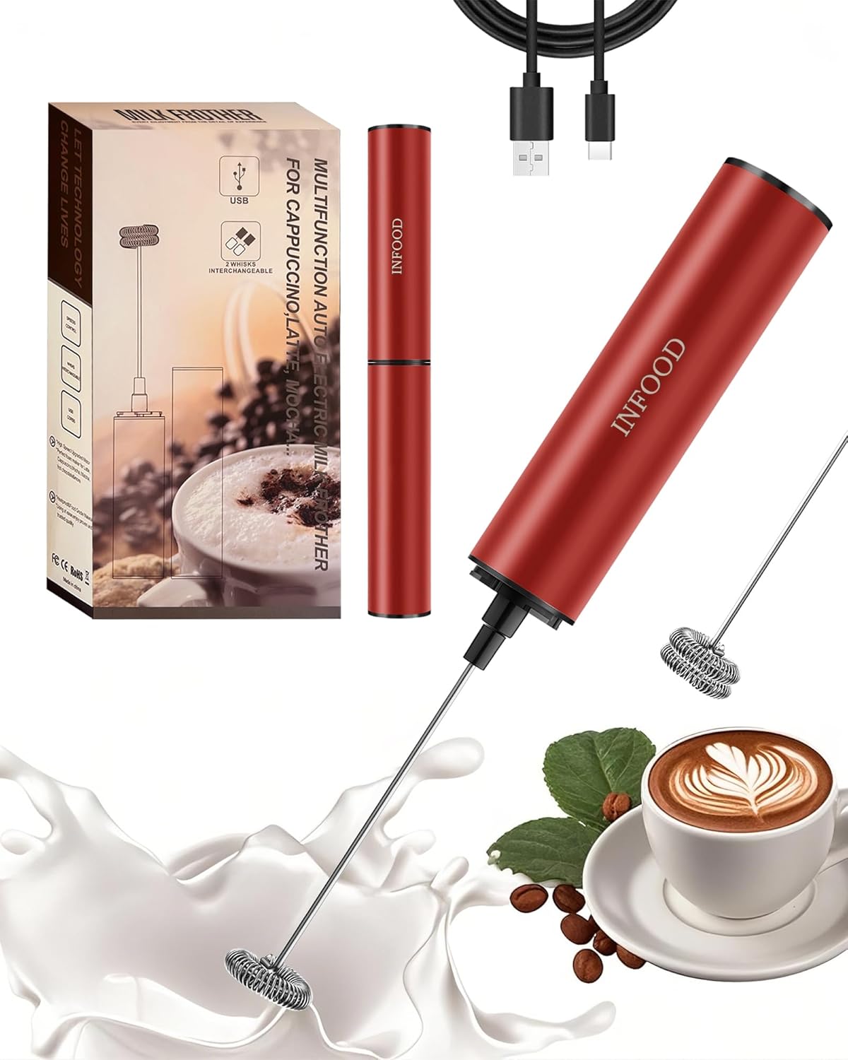 Milk Frother Rechargeable with Cover - Coffee Frother Wand, Drink Mixer Handheld with 2 Detachable Stainless Whisks 2 Speed Adjustable for Latte, Cappuccino, Hot Chocolate, Egg, Red