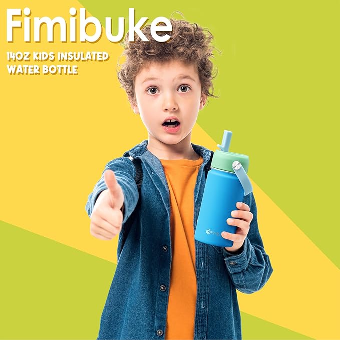 Fimibuke Kids Insulated Water Bottle, 14oz BPA FREE Double Wall Vacuum Tumbler 18/8 Stainless Steel Leak Proof Kids Cups with Straw Metal Water Bottle for School Boys Girls (2 Pack, Coastal)
