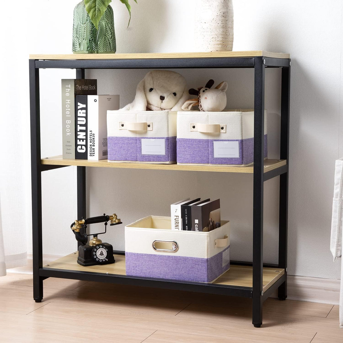 PRANDOM Fodable Storage Bins for Closet [3-Pack] Decorative Fabric Storage Baskets Cubes with Leather/Metal Handles for Shelves Bedroom Living Room Purple&Cream (11.5x8.5x6.7 Inch)