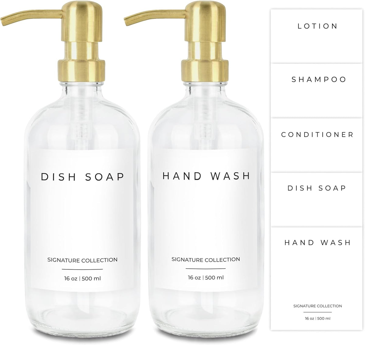 Emerson Soap Dispenser, Dish Soap Dispenser for Kitchen, Bathroom Set, Kitchen Hands and Dishes, Glass Bottles with Pump and Labels, 16 Oz | 2 Pack