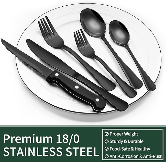 EWFEN 24-Piece Black Silverware Set with Steak Knives, Black Flatware Set for 4, Food-Grade Stainless Steel Tableware Cutlery Set, Mirror Finished Utensil Sets for Home Restaurant, Round Edge