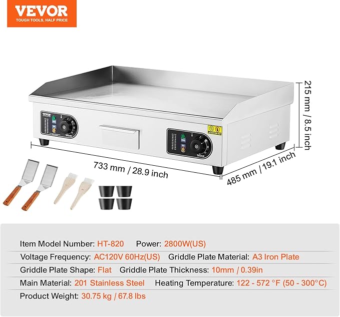 VEVOR Commercial Electric Griddle, 2800W Countertop Flat Top Grill, 122℉-572 ℉ Adjustable Temp, 29in Stainless Steel Griddle Grill with 2 Shovels and 2 Brushes for Home or Restaurant(110V No Plug)