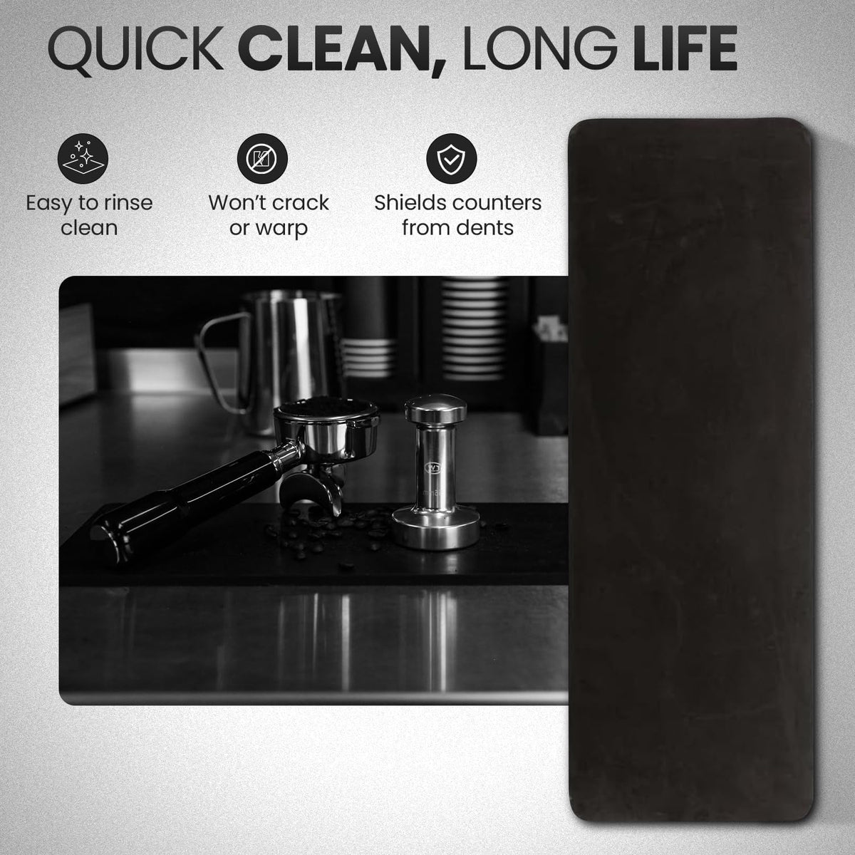 Rattleware Premium Black Espresso Tamping Mat 8.75" x 3" – Dense and Durable Non Slip Rubber – Heat Resistant Countertop Protection – Barista Coffee Station Essentials
