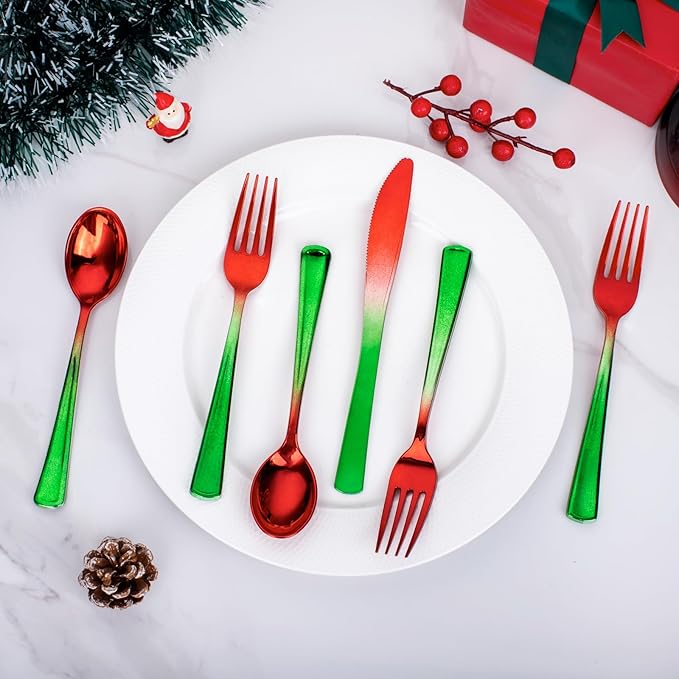 Liacere 200PCS Christmas Plastic Silverware - Red and Green Plastic Silverware include 100PCS Red and Green Forks, 50PCS Red and Green Knives, 50PCS Red and Green Spoons for Christmas